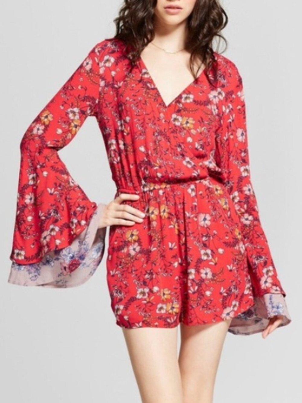 XHILARATION Coral Red Multi Floral Long Bell Flare Sleeve Wrap Surplice Romper S